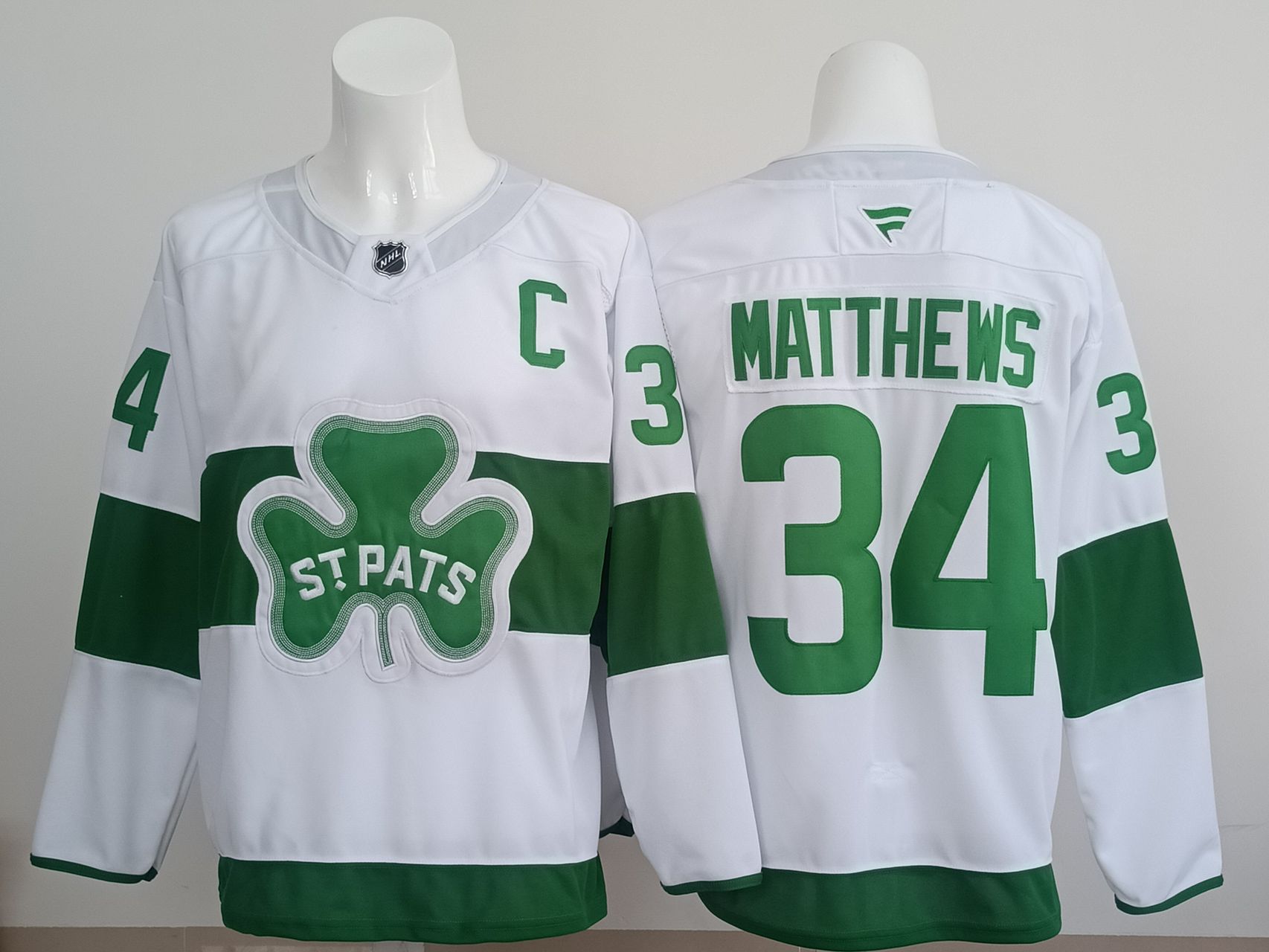 Men 2025 Toronto Maple Leafs #34 Matthews White Green Fanatics Home Premium NHL Jersey style 1